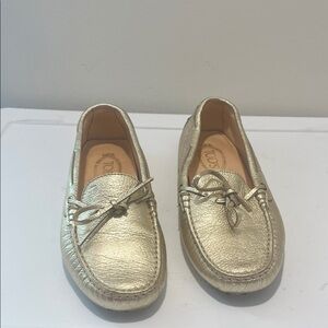 Tod's Metallic Gold Leather Bow Moccasin Loafers